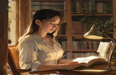 女性在明亮的书房内翻阅女性生理健康科普书籍，画面温暖自然，体现自我健康教育的积极态度